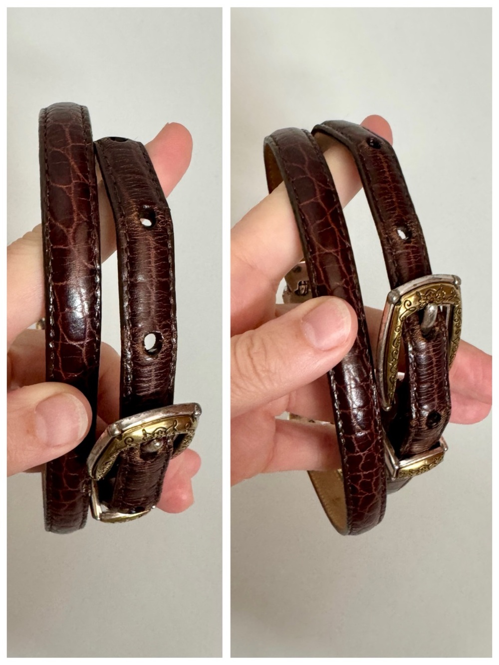 Brighton Western Brown Leather Croc-Embossed Concho Belt, Silver & Gold sz. 32 - Picture 8 of 16